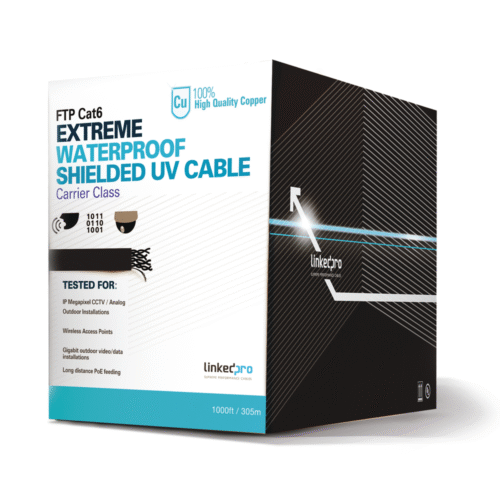 Bobina de cable de 305 Metros Cat6+ CALIBRE 23 Exterior Blindado tipo FTP para CLIMAS EXTREMOS, UL, color Negro