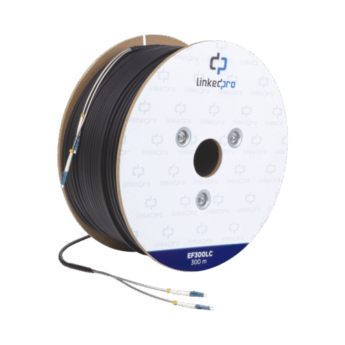 EF300LC-l Carrete de Fibra Óptica Monomodo con conectores LC-LC Duplex, Reforzada con Kevlar, de 300 metros