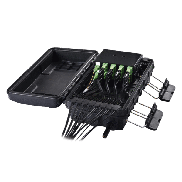 Caja de Distribución de Fibra Óptica para 24 Empalmes, con 16 acopladores SC/APC simplex, Exterior IP65, Color Negro