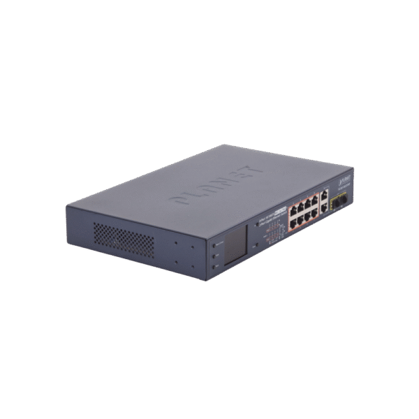 Switch PoE+ / distancia 250 metros / 8 puertos + 2 combo TP/SFP gigabit y pantalla LCD para monitoreo