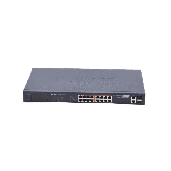 Switch no administrable PoE+ Extended, Aislamiento VLAN de 16 puertos + 2 combo TP/SFP Gigabit y Pantalla