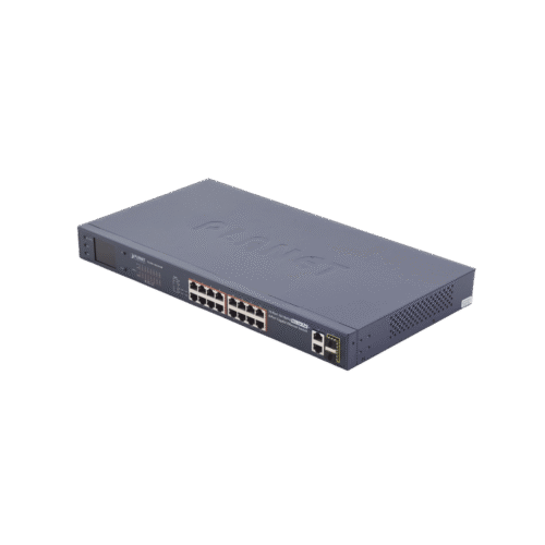 Switch no administrable PoE+ Extended, Aislamiento VLAN de 16 puertos + 2 combo TP/SFP Gigabit y Pantalla