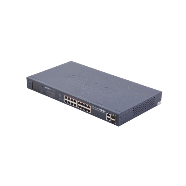 Switch no administrable PoE+ Extended, Aislamiento VLAN de 16 puertos + 2 combo TP/SFP Gigabit y Pantalla