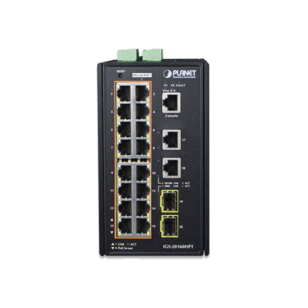 Switch Industrial Administrable 16 puertos 10/100/1000 T 802.3at PoE + 2 Puertos 10/100/1000 T + 2 puertos 100/1000 X SFP