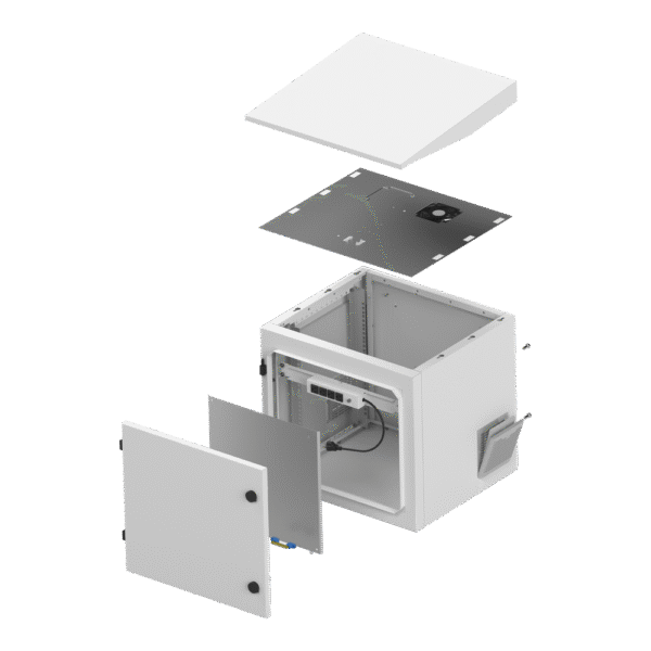Gabinete de Exterior con Rack de 19" de 9UR con Ventiladores y Termostato (Montaje a poste o torre se vende por separado).