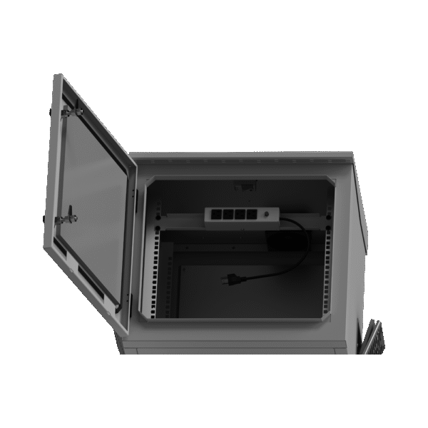 Gabinete de Exterior con Rack de 19" de 9UR con Ventiladores y Termostato (Montaje a poste o torre se vende por separado).