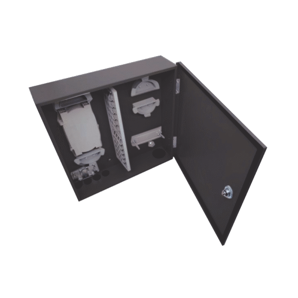 Distribuidor de fibra óptica, vació, 19in, para instalación en pared, acepta 48 acopladores "LC Duplex o "LC simplex" o 48 "SC simplex", 1U