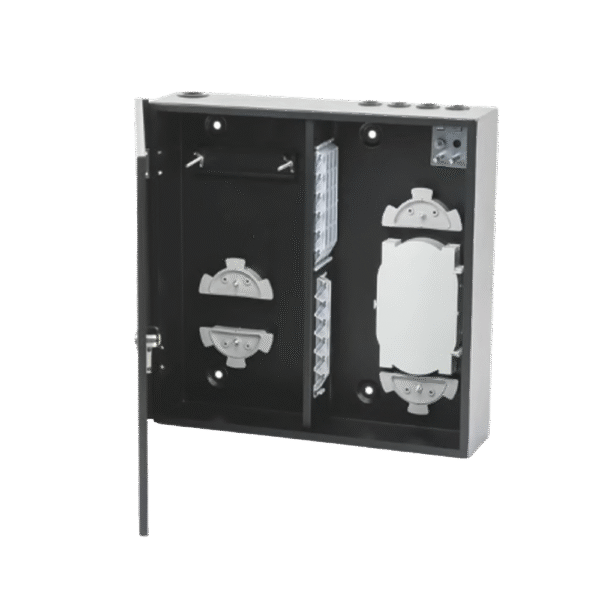 Distribuidor de fibra óptica, vació, 19in, para instalación en pared, acepta 48 acopladores "LC Duplex o "LC simplex" o 48 "SC simplex", 1U