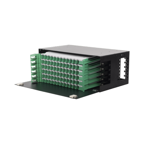 Distribuidor de Fibra Óptica con bandejas deslizables, vacío, 19in, acepta 72 adaptadores "LC Duplex" o "LC Simplex" o 72 "SC" Simplex, 4U
