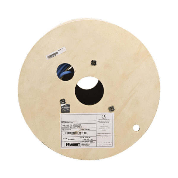 Bobina de Cable Blindado F/UTP de 4 Pares, Cat6A, Soporte de Aplicaciones 10GBase-T, LSZH (Libre de Gases Tóxicos), Color Azul, 305m