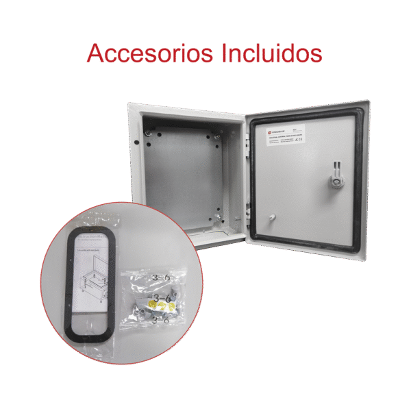 Gabinete de Acero IP66 Uso en Intemperie (400 x 400 x 200 mm) con Placa Trasera Interior y Compuerta Inferior Atornillable (Incluye Chapa y Llave).