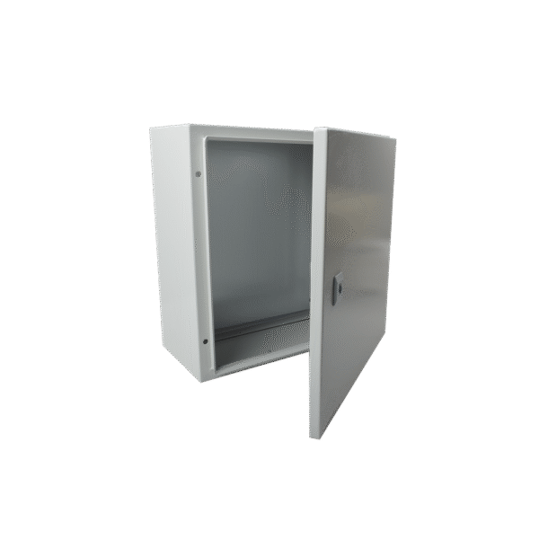 Gabinete de Acero IP66 Uso en Intemperie (400 x 400 x 200 mm) con Placa Trasera Interior y Compuerta Inferior Atornillable (Incluye Chapa y Llave).