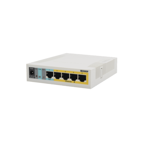 RB260GSP-l (RB260GSP) Switch Mikrotik 5 puertos PoE (Pasivo) (1in/4out) Gigabit Ethernet y 1 SFP