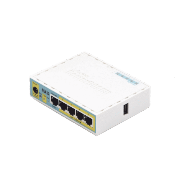 (hEX PoE LITE) RouterBoard, 5 Puertos Fast Ethernet, 4 con PoE Pasivo, 1 Puerto USB