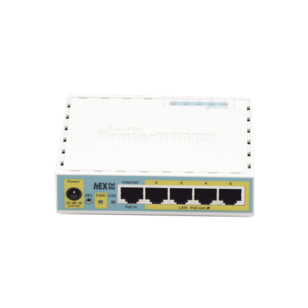 (hEX PoE LITE) RouterBoard, 5 Puertos Fast Ethernet, 4 con PoE Pasivo, 1 Puerto USB