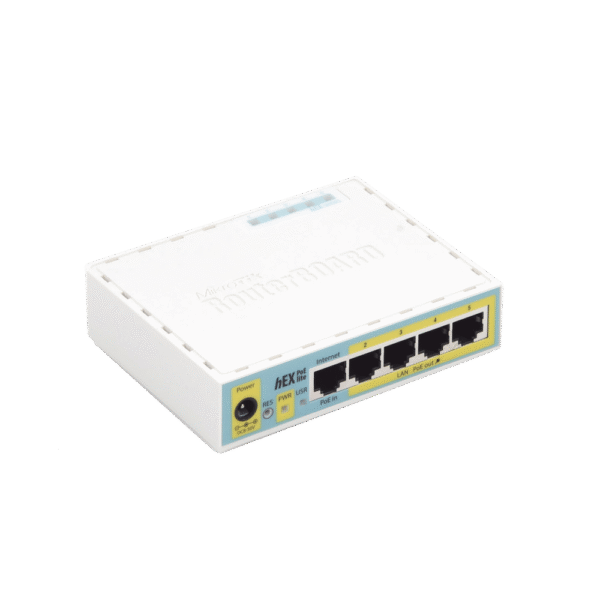 (hEX PoE LITE) RouterBoard, 5 Puertos Fast Ethernet, 4 con PoE Pasivo, 1 Puerto USB