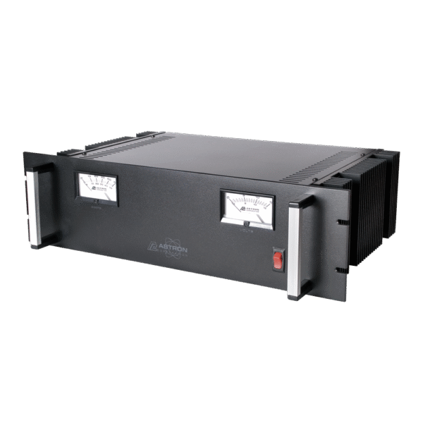 Fuente de poder 13.8Vcd, 50A, lineal regulada con circuito cargador de baterías, medidores, para instalación en rack