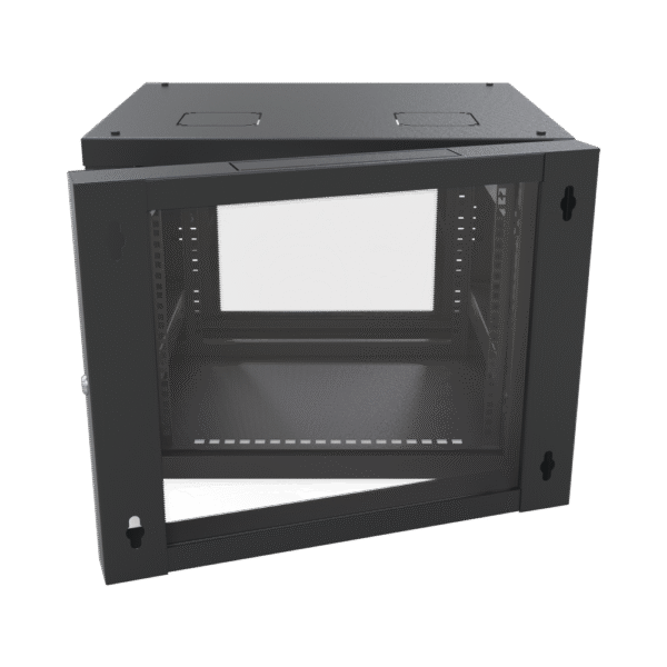 Gabinete Abatible de Pared (Con Marco Trasero) con Rack 19" de 12 Unidades. Ventana de Cristal Templado.