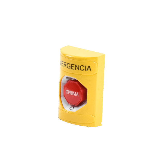 Botón de Emergencia en Español, Color Amarillo, Acción Mantenida, Girar para Restablecer y LED Multicolor