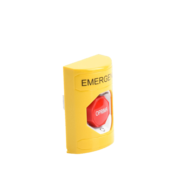 Botón de Emergencia en Español, Color Amarillo, Acción Mantenida, Girar para Restablecer y LED Multicolor