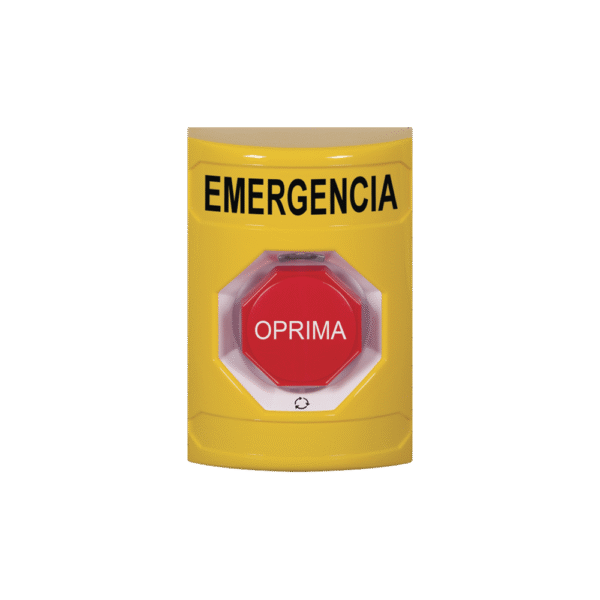 Botón de Emergencia en Español, Color Amarillo, Acción Mantenida, Girar para Restablecer y LED Multicolor