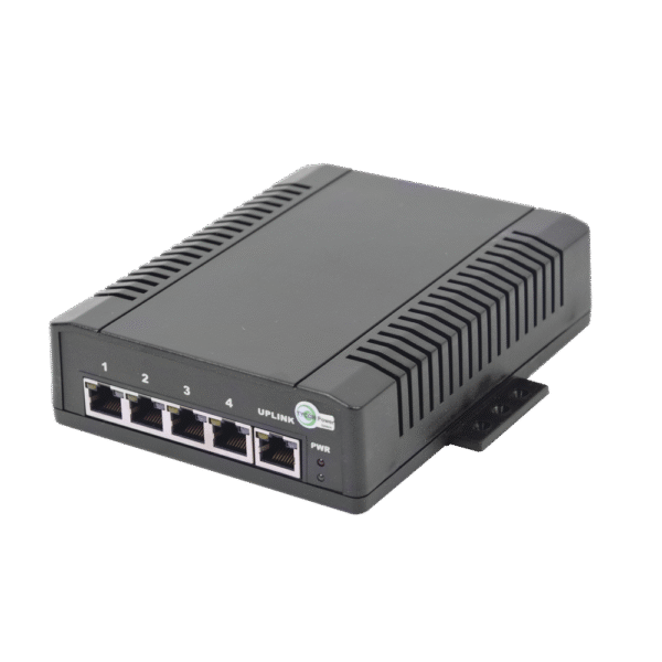 Switch para Aplicación Solar, 4 Puertos PoE 802.3 af/at 10/100/1000 Mbps y un Puerto de Datos, Entrada 12-24 VCD