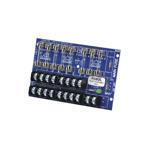 Tablero distribuidor de voltaje, 8 salidas con fusible de protección. Para uso con Fuentes de poder ALTRONIX.
