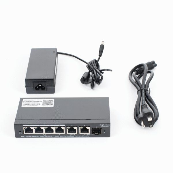 Switch Administrable, 6 Puertos Gigabit, 4 Puertos PoE+ 802.3af/at Gigabit, 1 Puerto Gigabit Uplink, 1 Puerto Combo SFP Uplink, Gestión Gratuita desde la Nube, 54W