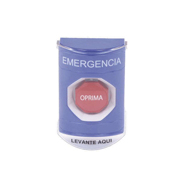 Botón de Emergencia en Español con Tapa Protectora de Policarbonato Súper Resistente, Restablecimiento con Llave y Sirena