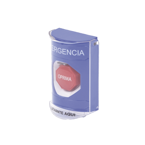 Botón de Emergencia en Español con Tapa Protectora de Policarbonato Súper Resistente, Restablecimiento con Llave y Sirena