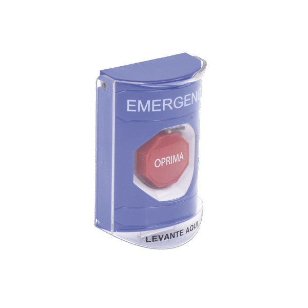 Botón de Emergencia en Español con Tapa Protectora de Policarbonato Súper Resistente, Restablecimiento con Llave y Sirena