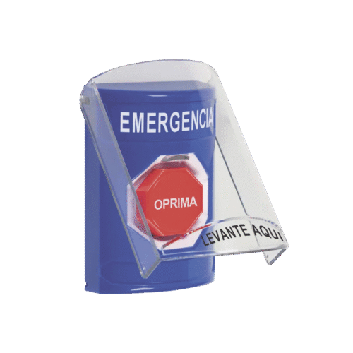 SS24A2EMES-l Botón de Emergencia en Español con Tapa Protectora de Policarbonato Súper Resistente, Restablecimiento con Llave y Sirena