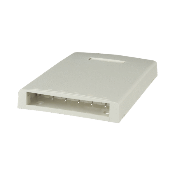 Caja de Montaje en Superficie, Con Accesorio para Resguardo de Fibra Óptica, Para 6 Módulos Mini-Com, Color Blanco Mate