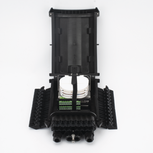 Caja de Distribución de Fibra Óptica para 24 Empalmes con 16 Acopladores SC/APC. Enterrado Directo, IP68, Splitter 1x16 Incluido con Conectores SC/APC