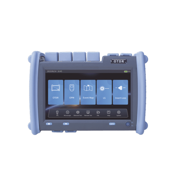 OTDR PRO de Alto Rendimiento para Enlaces de Fibra Óptica Monomodo / Soporta pruebas en Fibra Óptica Viva / Longitudes de onda: 1310nm, 1550nm y 1625nm / Zona Muerta por Evento de 0.8 Metros / Soporta Función VFL