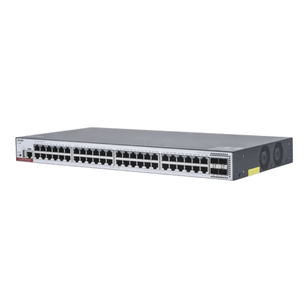 Switch PoE Administrable Capa 3 con 48 Puertos Gigabit 802.3af/at, 4 Puertos SFP+ de 10Gb para Fibra, Presupuesto PoE hasta 1,480W, Gestionable en Ruijie Cloud Gratis, (No incluye fuente de alimentación)