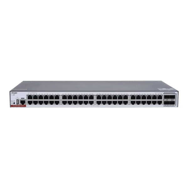 Switch PoE Administrable Capa 3 con 48 Puertos Gigabit 802.3af/at, 4 Puertos SFP+ de 10Gb para Fibra, Presupuesto PoE hasta 1,480W, Gestionable en Ruijie Cloud Gratis, (No incluye fuente de alimentación)