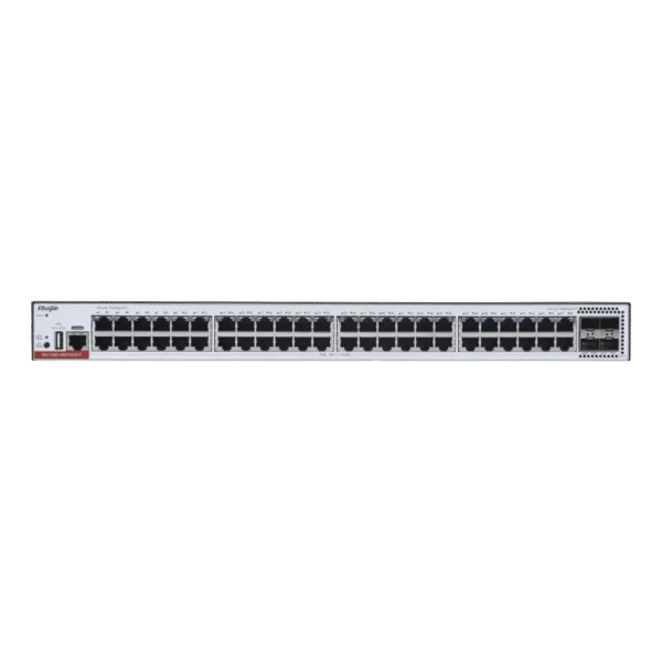 Switch PoE Administrable Capa 3 con 48 Puertos Gigabit 802.3af/at, 4 Puertos SFP+ de 10Gb para Fibra, Presupuesto PoE hasta 1,480W, Gestionable en Ruijie Cloud Gratis, (No incluye fuente de alimentación)