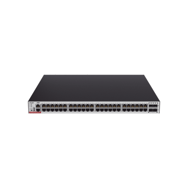 Switch PoE Administrable Capa 3 con 48 Puertos Gigabit 802.3af/at, 4 Puertos SFP+ de 10Gb para Fibra, Presupuesto PoE hasta 1,480W, Gestionable en Ruijie Cloud Gratis, (No incluye fuente de alimentación)
