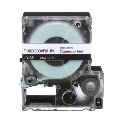 T100X000VPMBK-l Casete de Etiquetas de Vinilo de Cinta Continua, Color Negro Sobre Blanco, Uso Interior/Exterior, 24 mm de Ancho x 7.6 Metros de Largo