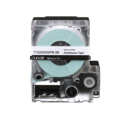 T150X000VPMBK-l Casete de Etiquetas de Vinilo de Cinta Continua, Color Negro Sobre Blanco, Uso Interior/Exterior, 36 mm (1.5 in) de Ancho x 7.6 Metros de Largo