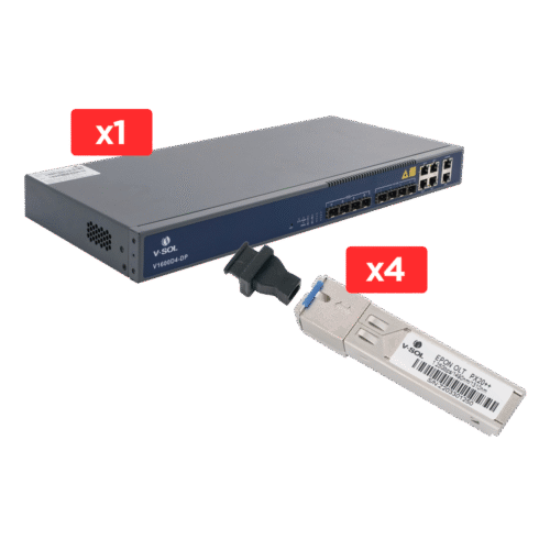 OLT de 4 puertos EPON con 8 puertos Uplink (4 puertos Gigabit Ethernet + 4 puertos Gigabit Ethernet SFP) , hasta 256 ONUS, + 4 Módulo SFP EPON PX20++, SC / UPC, hasta 20Km