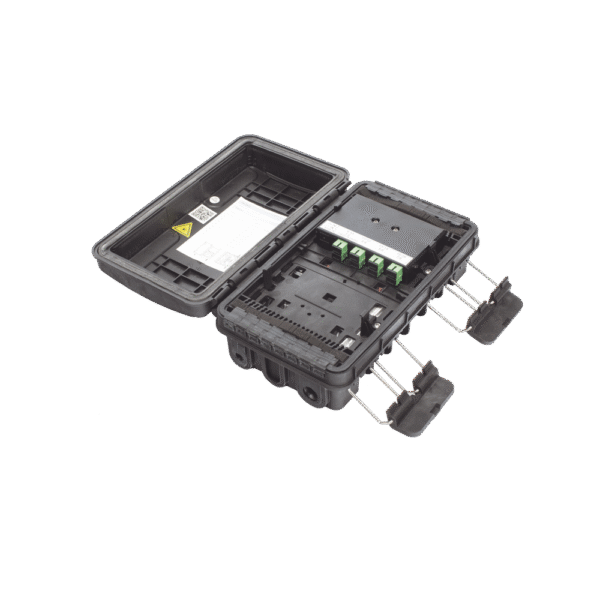 Caja de Distribución de Fibra Óptica para 24 Empalmes, con 8 acopladores SC/APC simplex, Exterior IP65, Color Negro