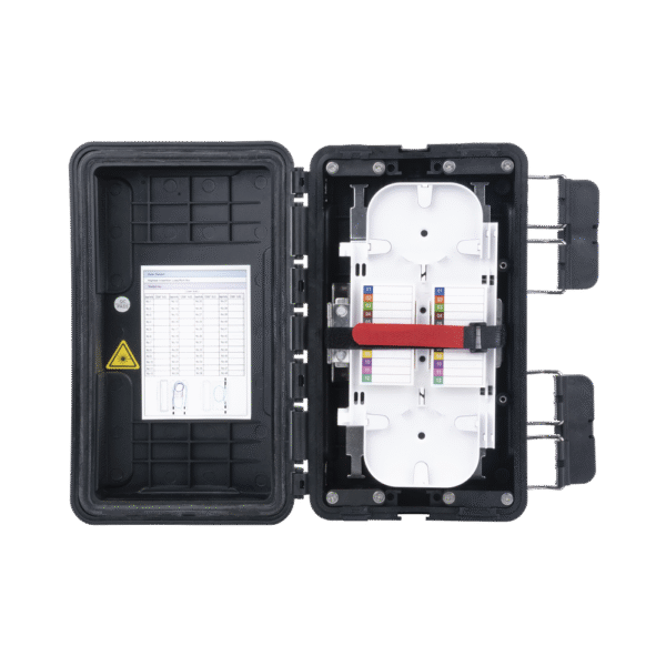 Caja de Distribución de Fibra Óptica, Hasta 96 Empalmes, Exterior IP65, Color Negro