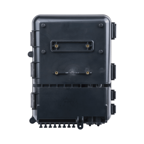 Caja de Distribución de Fibra Óptica para 24 Empalmes, con 8 acopladores SC/APC simplex, Exterior IP55, Color Negro