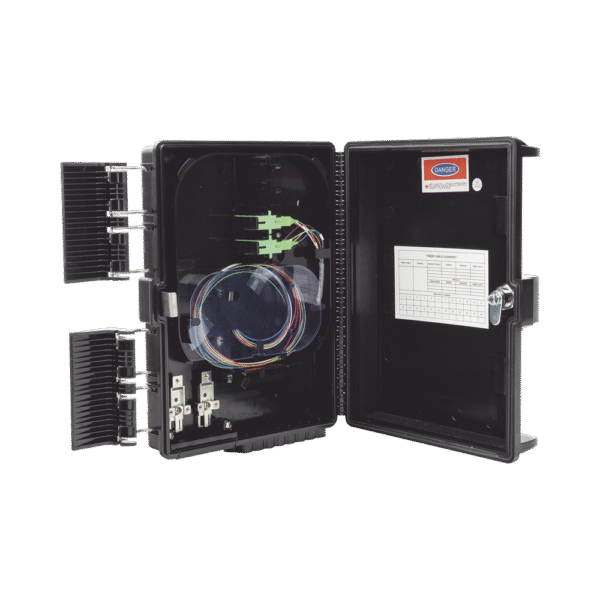 Caja NAP (Network Access Point) Cierre de Empalme para 24 fusiones de fibra óptica, Interior/Exterior, con 8 acopladores SC/APC y splitter 1x8, IP65