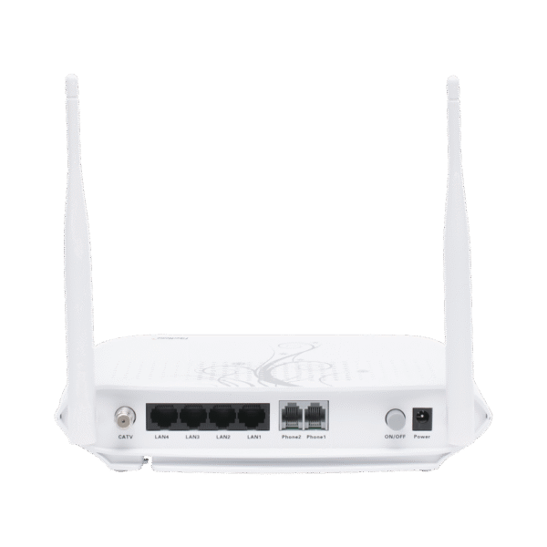 ONU GPON con 4 puertos Gigabit Ethernet + 2 POTS + 1 USB + 1 CATV (RF) + WiFi 2.4 GHz, conector SC/APC
