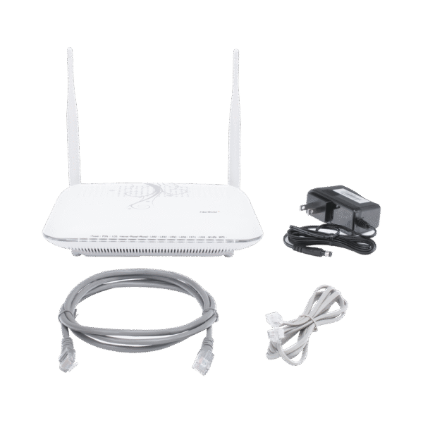 ONU GPON con 4 puertos Gigabit Ethernet + 2 POTS + 1 USB + 1 CATV (RF) + WiFi 2.4 GHz, conector SC/APC