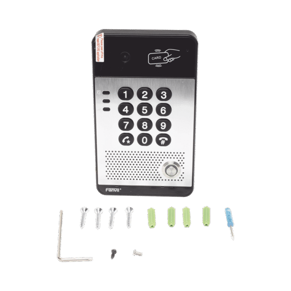 Vídeo Portero IP con 2 líneas SIP, cámara HD, relevador integrado, teclado numérico y lectora de tarjetas RFID para control de acceso, PoE