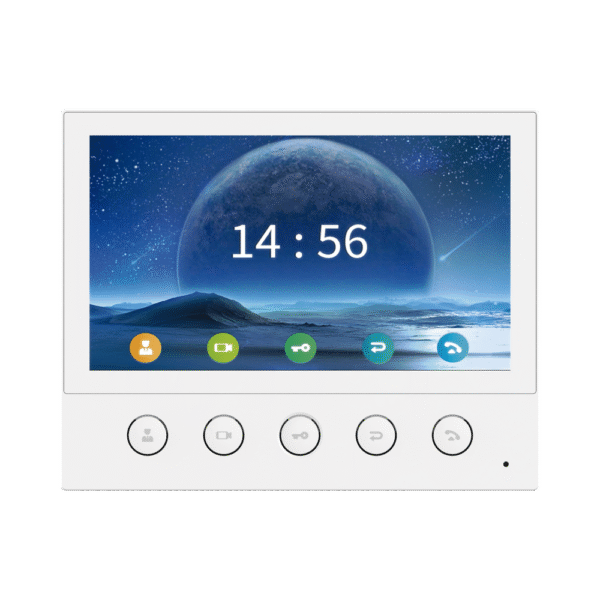 Monitor IP/SIP para interior, Wi-Fi, pantalla táctil de 7", audio de 2 vías, PoE, 8 interfaces de entrada de alarma.